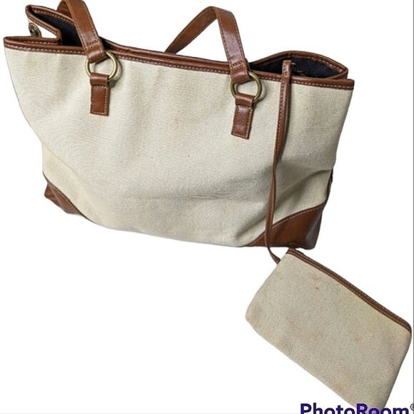 Coldwater Creek Natural Linen Vegan Leather Handbag With Attached Coin Purse - Picture 1 of 14